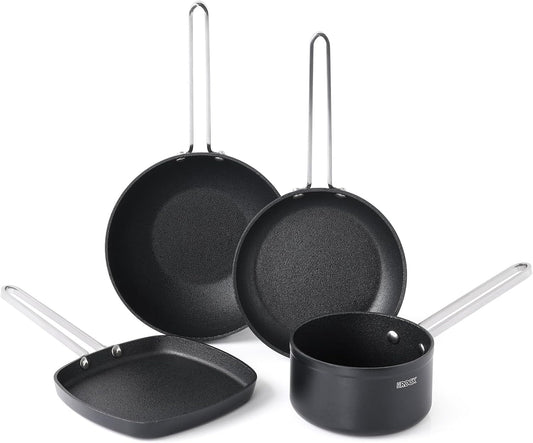THE ROCK Single Serve Nonstick Pots and Pans Set, 4pc Portion Control Cookware Set with Rock.Tec, Scratch/Stain/Crack Proof, Oven & Dishwasher Safe, Perfect for Dorm, Camping & Small Kitchens, Black