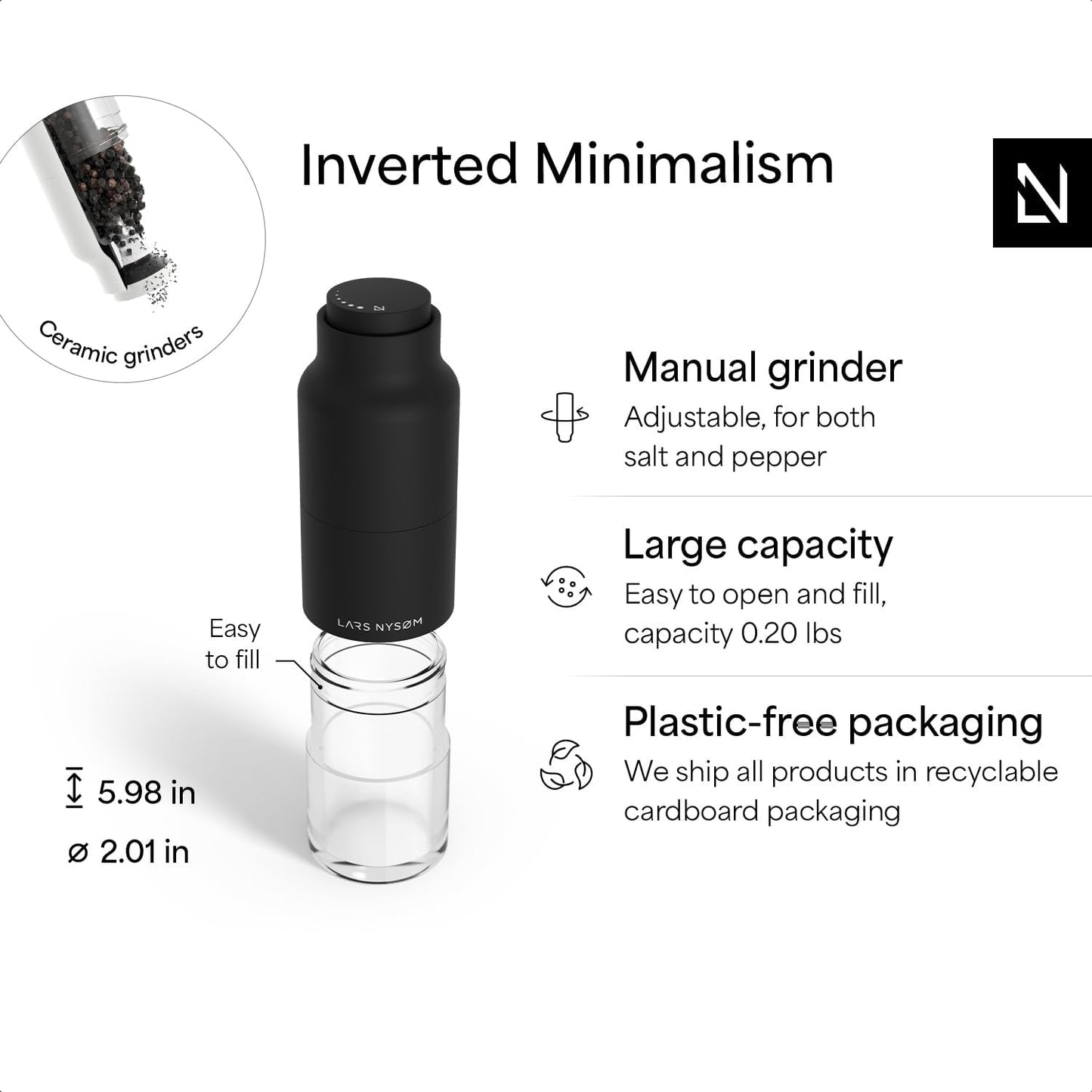 LARS NYSØM Salt and Pepper Grinder Set, Stainless Steel Manual Salt and Pepper Mills, Adjustable Ceramic Grinder, Design Spice Shakers (Black/White)