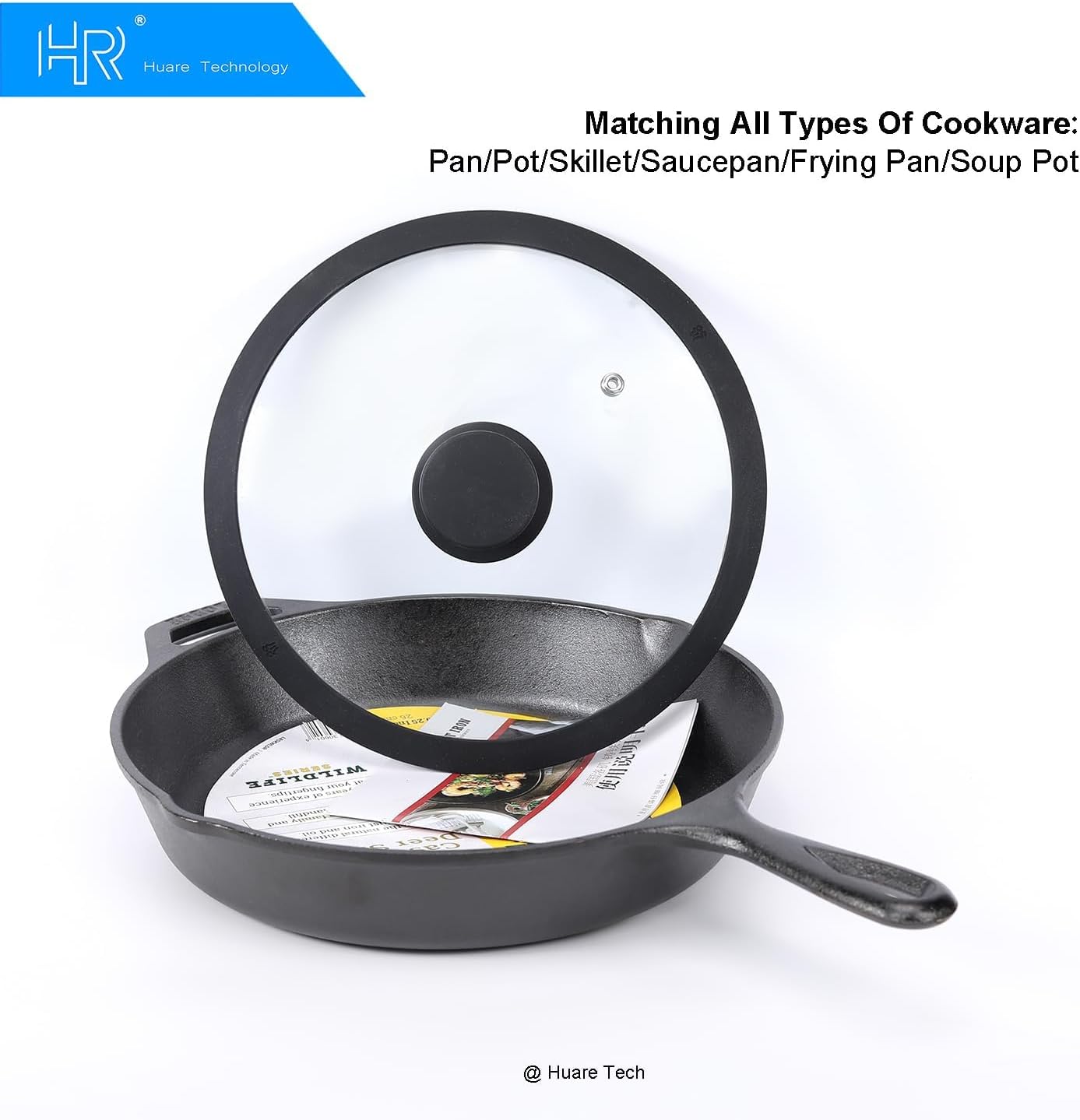 Silicon Glass Lid for Pot,Pan,Skillet Fits 10"(26CM) Cookware Silicon lid Dishwasher Safe, Replacement Lid Vented Tempered Glass with Heat Resistant Silicone Rim By HR Huare Technology, Black,1 Pack