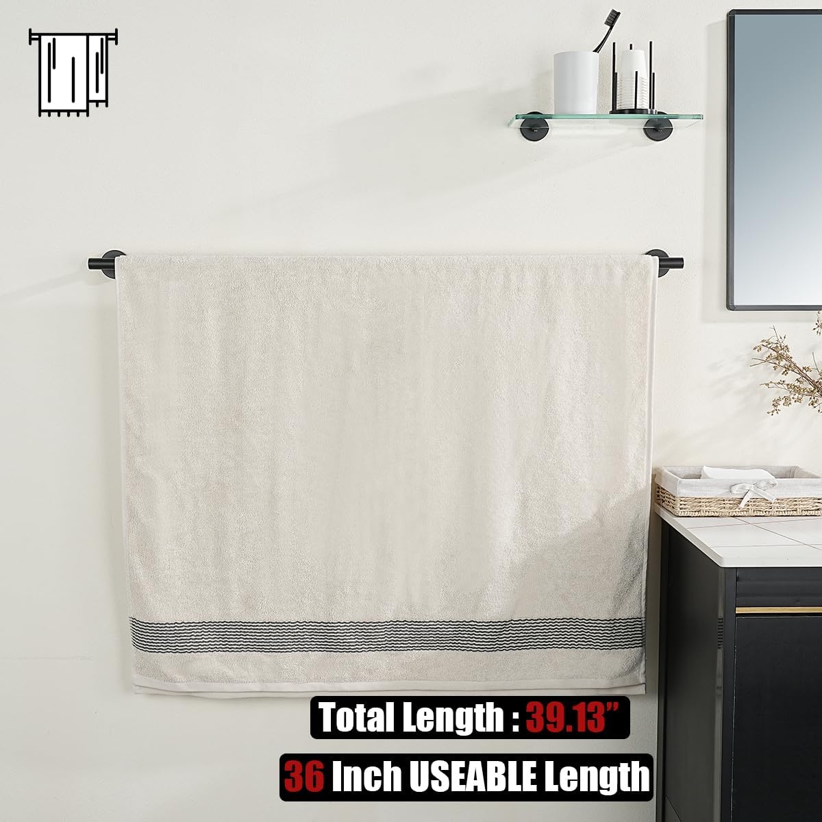 JQK Bath Towel Bar Black, 39 Inch 304 Stainless Steel Thicken 1mm Single Towel Rack for Bathroom, Towel Holder Wall Mount, Useable Length 36 Inch, TB110L36-PB