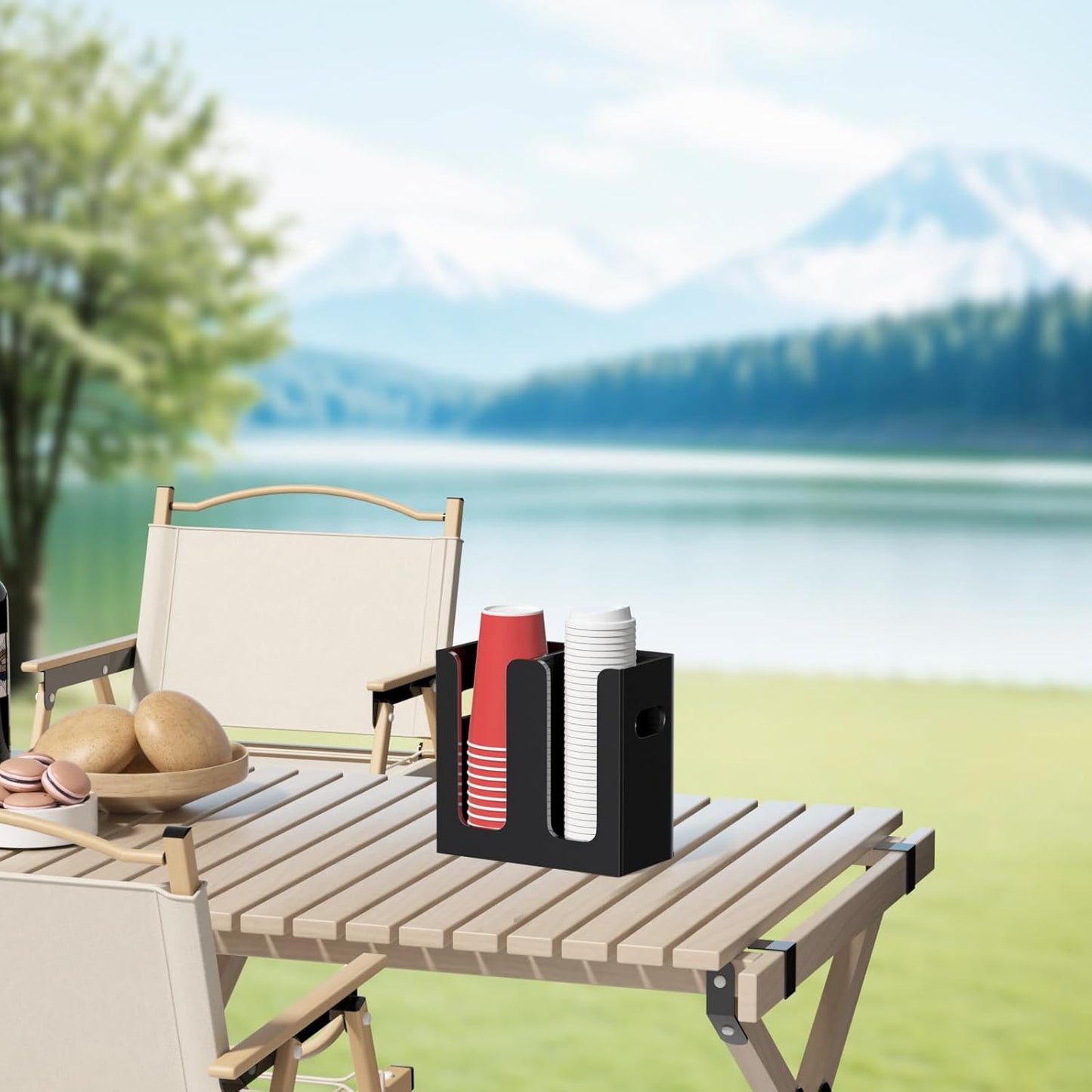 WINFFOR Disposable Cup Organizer Dispenser - 2 Compartments Black Acrylic Cup and Lid Holder with Handles Plastic Cup Dispenser Countertop Paper Cup Holder for Coffee Bar House Party Essentials