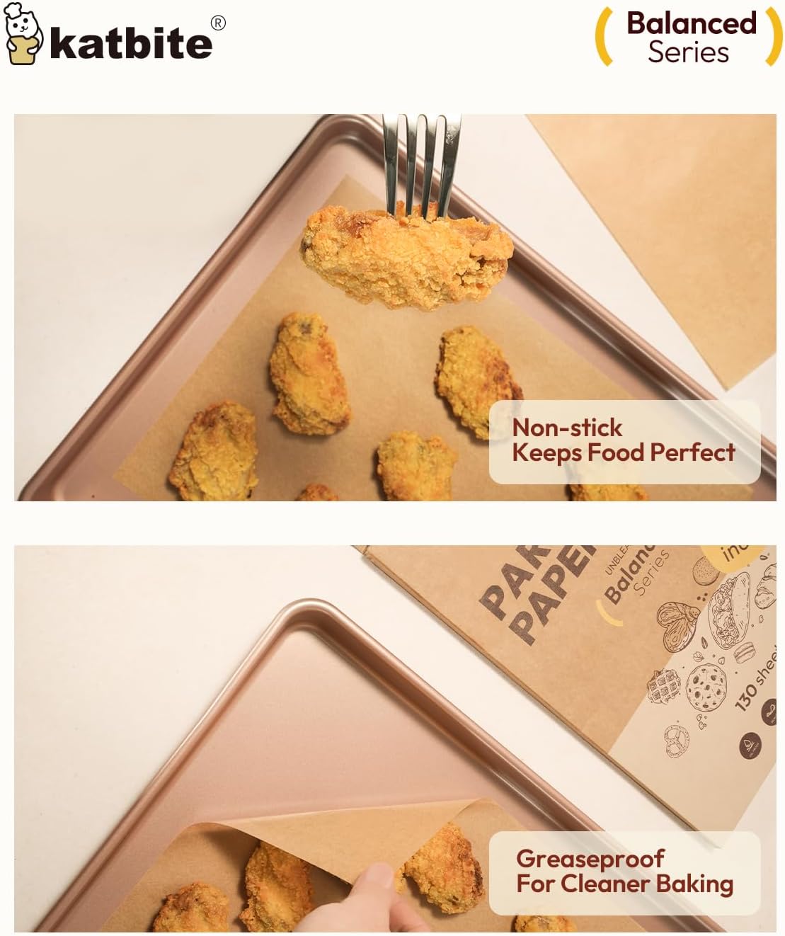 Katbite 130 Pcs Parchment Paper Sheets, 9x13 Inches Unbleached Baking Paper Non-Stick for Gently Baking, Pre-cut Parchment Paper Suitable for Baking, Cooking,Air Fryer [Balanced Series]