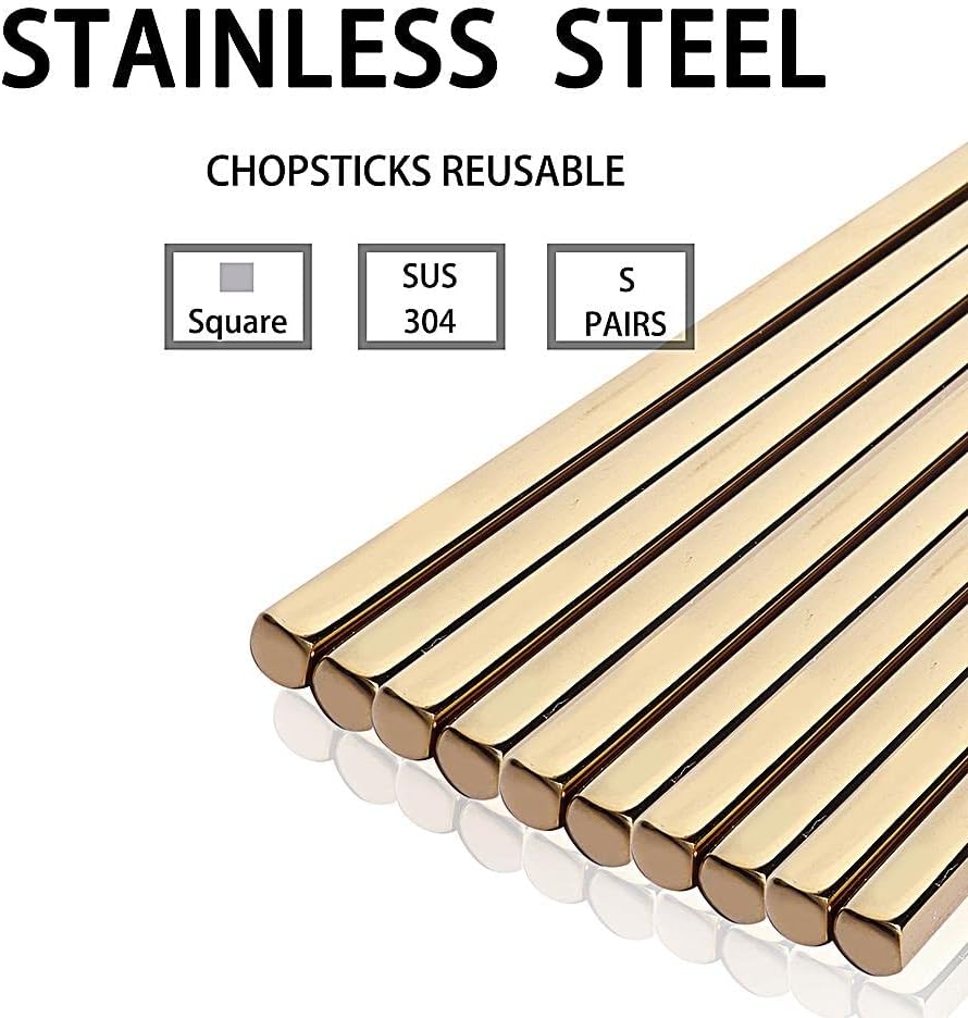 Metal Chopsticks Reusable Titanium Plated Stainless Steel Japanese Korean for Food & Cooking 9.5Inch Non-Slip for Beginners Square Laser 5 Pairs Gift Set