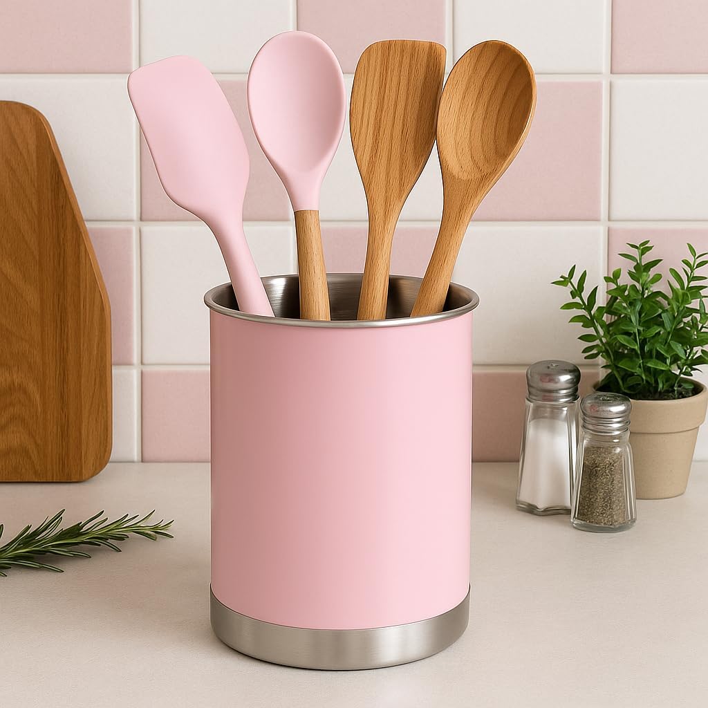 Creative Home Stainless Steel Utensil Holder– 6.3" Large Cooking Tool Organizer for Kitchen Decor and Countertop Storage, Stable Anti-Tip Design, Durable Powder-Coated Finish, Pink