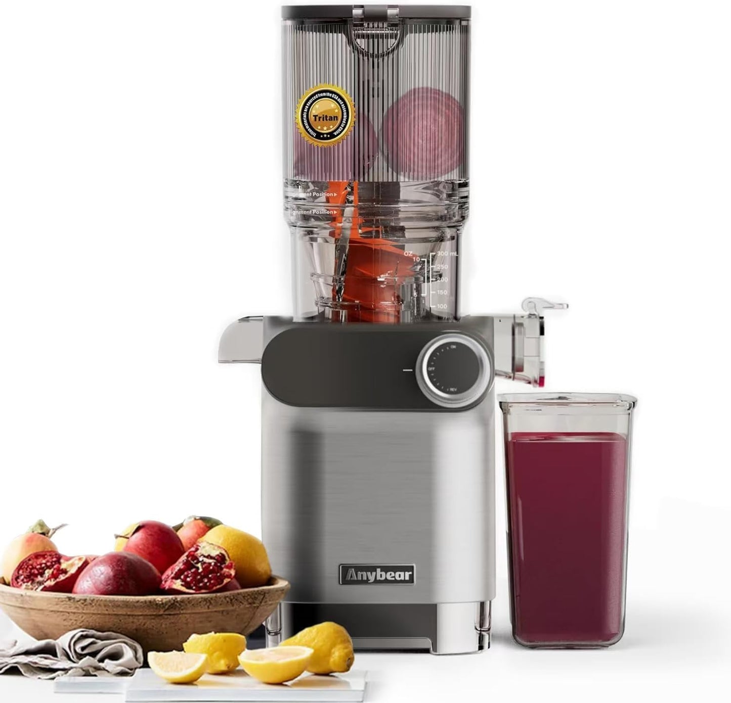 Cold Press Juicer, 200W Masticating Slow Juicer 4.3" Large Feed Chute Fit Whole Fruits Vegetables | Upgraded Auger | Tritan Material | BPA Free | Juice Recipes (Silver)