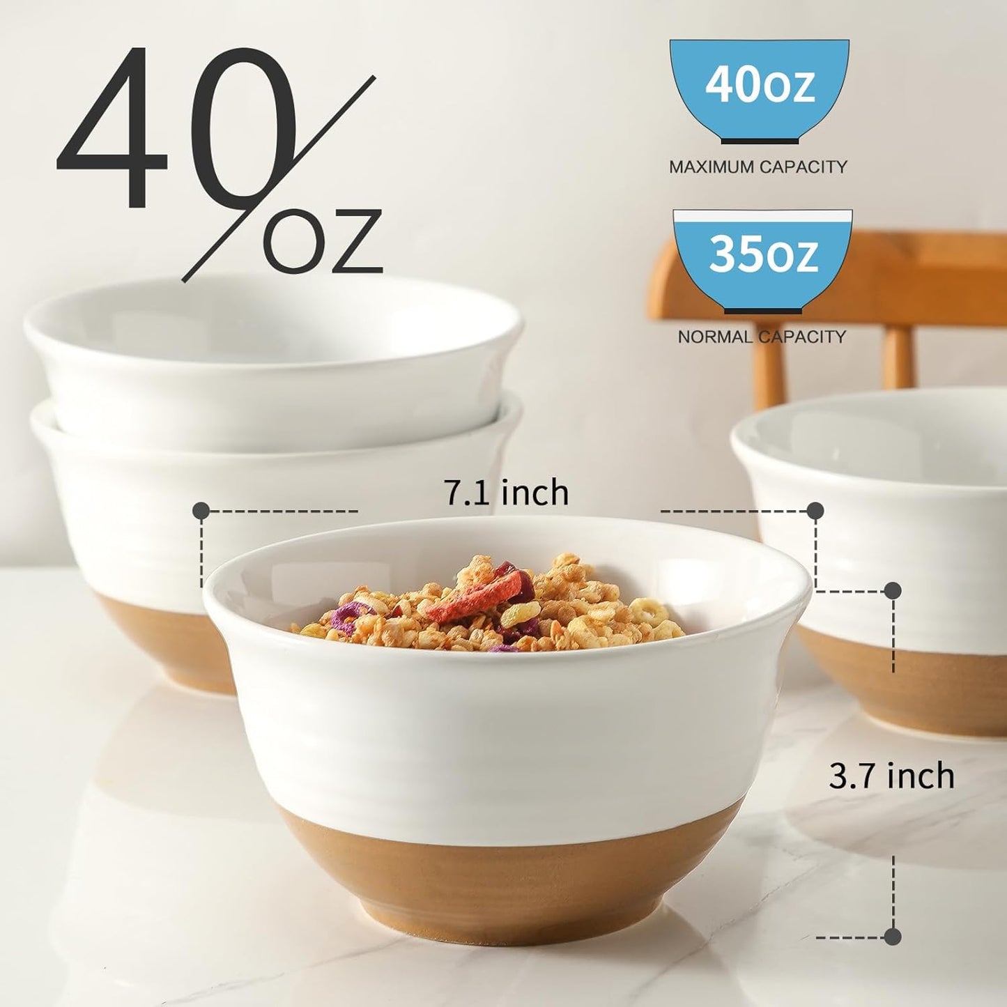 Hasense Soup Bowls, 7 Inch Large Cereal Bowls Set of 4, 40 OZ Ceramic Deep Salad Serving Bowls, Bowls Set for Pasta Pho Ramen Noodle Popcorn, Dishwasher Microwave Safe, White