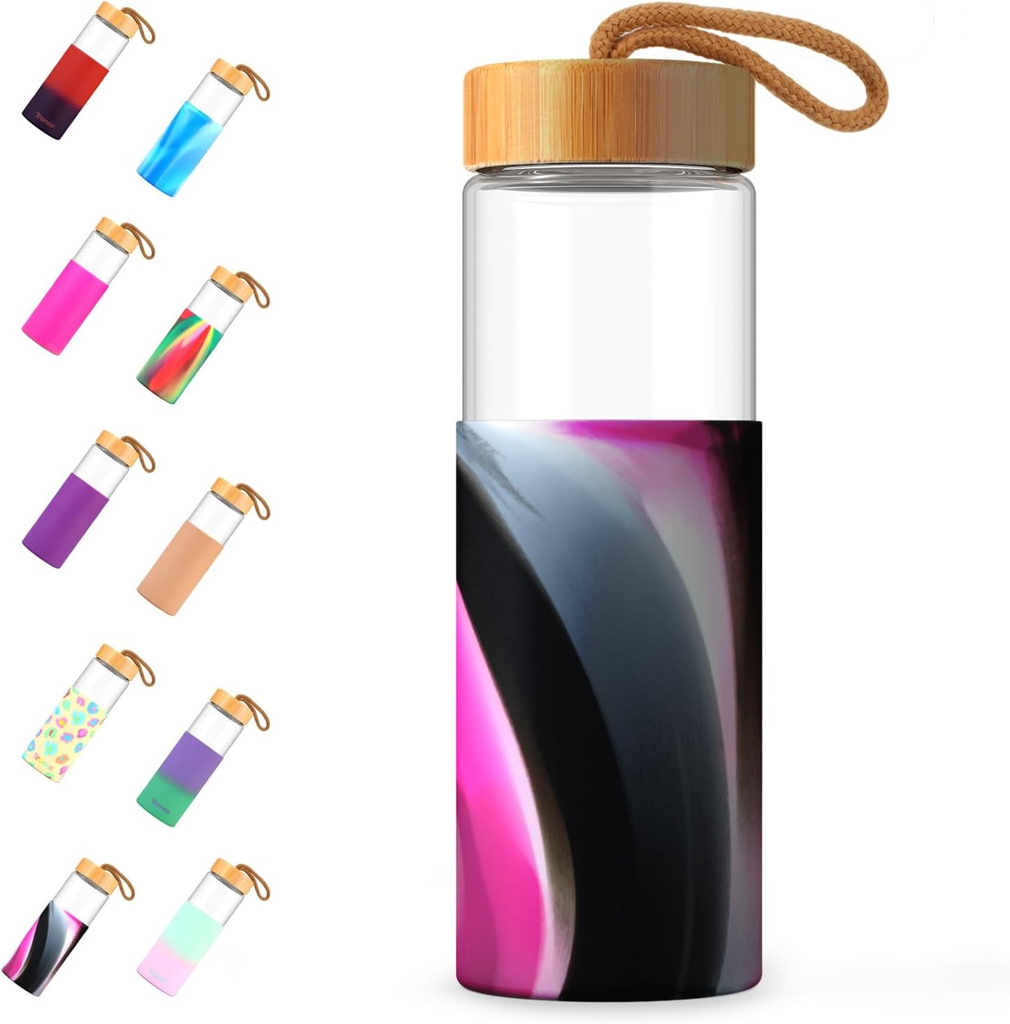 Tronco 24oz Glass Water Bottles with Bamboo Lid & Silicone Sleeve, Leak Proof, BPA Free, Reusable Borosilicate Glass Bottles for Juicing, Smoothies, Juice & Water, for Men & Women Gym, Office, Travel