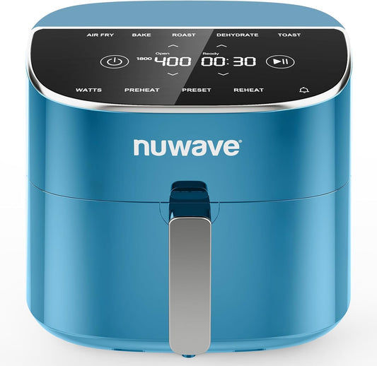 Nuwave Brio Plus 8 Qt Air Fryer, PFAS Free, New & Improved, Digital Touch Screen, Cool White Display, 50°F~400°F in Precise 5°, 5 Cook Functions, 100 Presets & 50 Memory, 3 Wattages 700, 1500, 1800