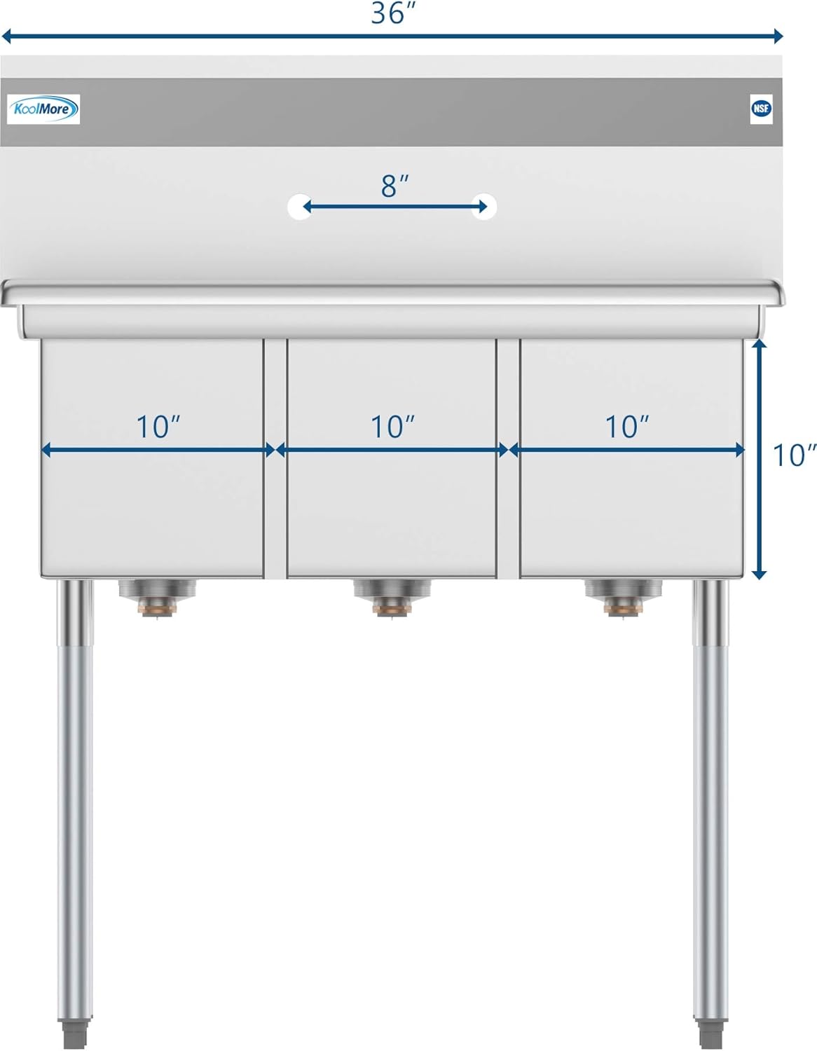 KoolMore 36" 3 Compartment Stainless Steel Triple Bowl NSF Commercial Kitchen Sink - Bowl Size 10" x 14" x 10"