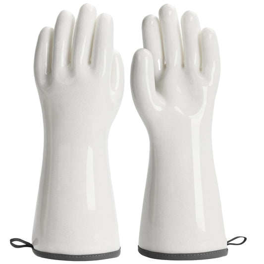 Oven Gloves Liquid Silicone Gloves Food Grade Heat Resistant Mitts with Fingers, for Cooking Baking Grilling Waterproof, with Nylon Liner, White, Large