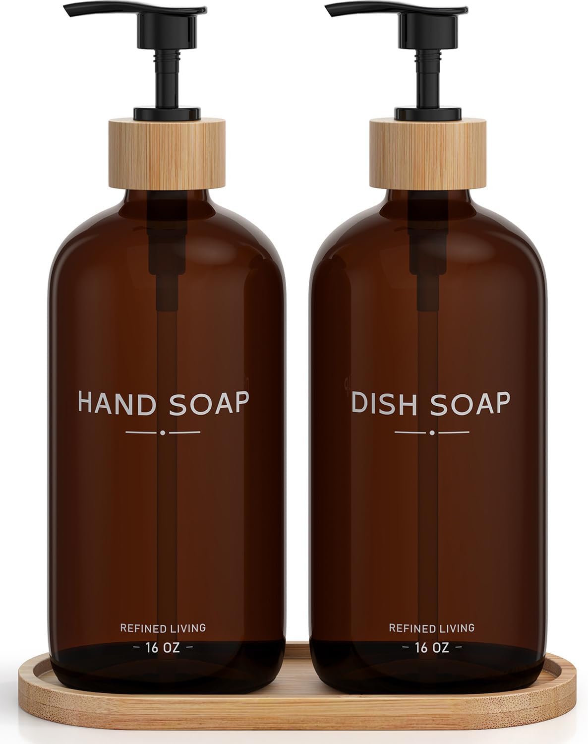 Hand and Dish Soap Dispenser Set,16oz Glass Bottles with Printed Labels, Bamboo Tray & Pump,Countertop Soap Dispensers for Kitchen,Luxury, Minimalist & Farmhouse Decor (Hand Dish (Amber))
