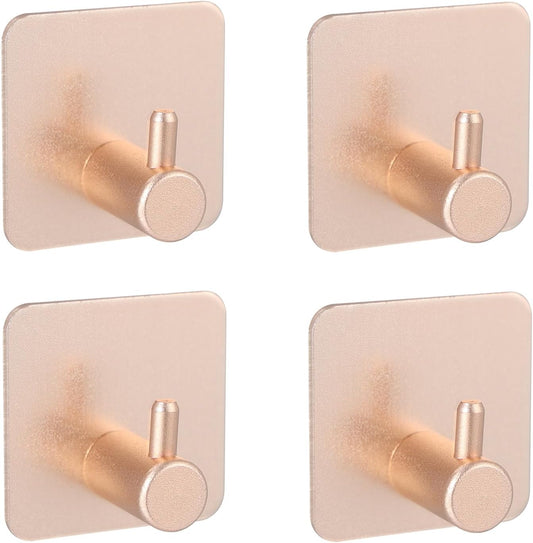 Aluminum Wall Hooks, No Drill Damage-Free Adhesive Hook, Product for Hanging Heavy Duty for Bathroom Kitchen Home (Single Square Rose Gold Hook, 4)