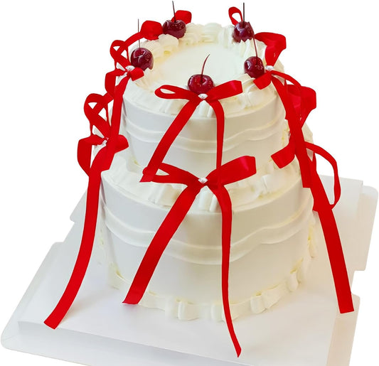 Bow Cake Toppers, 10 Pcs Large Red Bows Cupcake Toppers Themed Party Decorations, Red Birthday Cake Decorations for Wedding Baby Shower Party Supplies