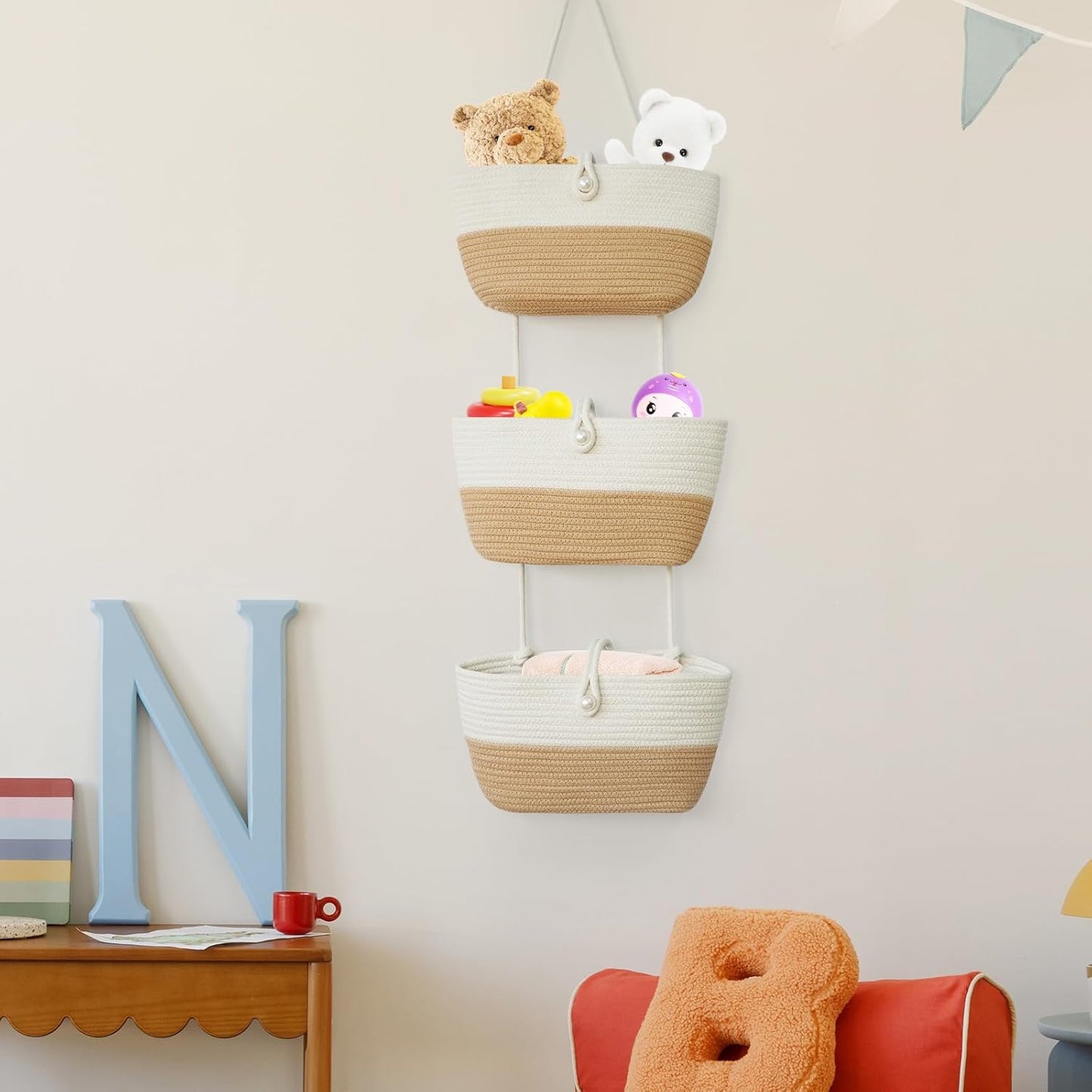 TeoKJ 3-Tier Hanging Baskets for Storage with Pearl Button Strap, Cotton Rope Over the Door Organizer, Wall-Mounted with Hook Decorative Hanging Kitchen Baskets, White & Jute