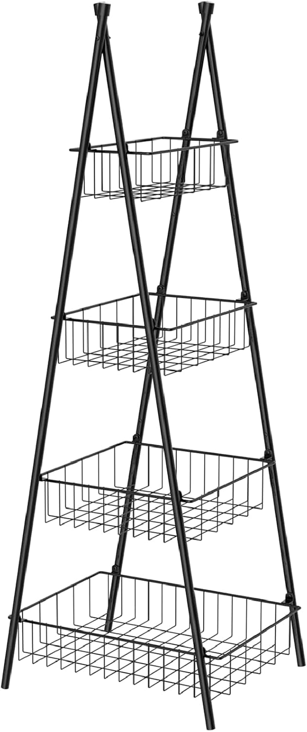 Wire Basket Stand for Kitchen and Bathroom 4 Tier Fruit Storage Basket Metal Floor Standing Vegetable Holder, Black