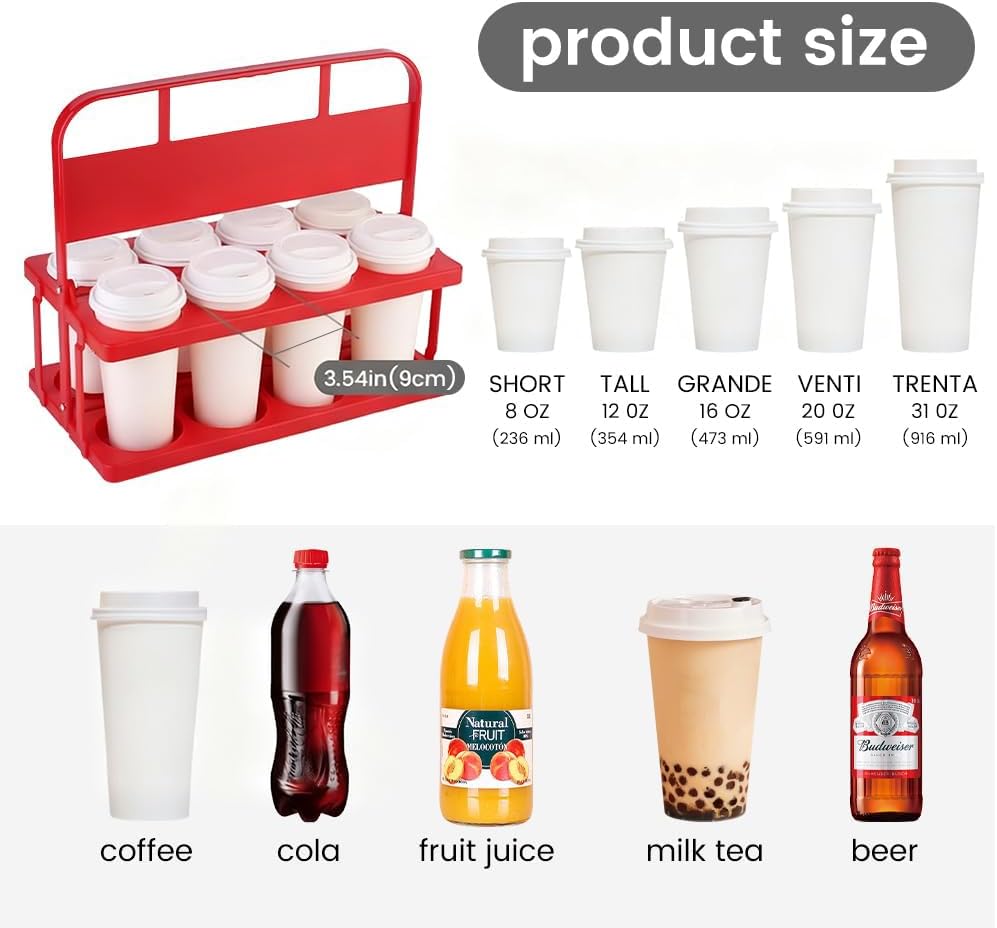 Reusable Drink Carrier with Handle for Doordash, Eats, Grubhub, Portable 8 Cup/Coffee Holder Accessories for Delivery, Foldable Drinks Caddy with Tray, Car Durable Plastic Festive Bottle, Vacation