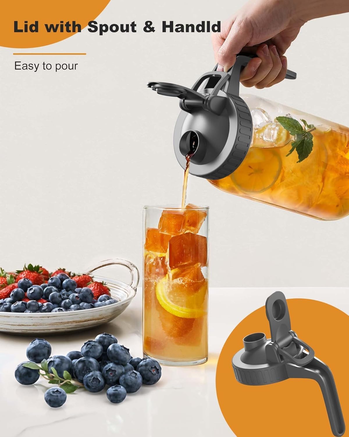 | 2 Pack | 64oz | Glass Pitcher with Lid Wide Mouth, 2 Quart (1.9 Liter) Mason Jar Pitcher with Lid and Spout, Leakproof Water Jug for Water, Juice, Tea, Iced Coffee, Milk Storage, Grey