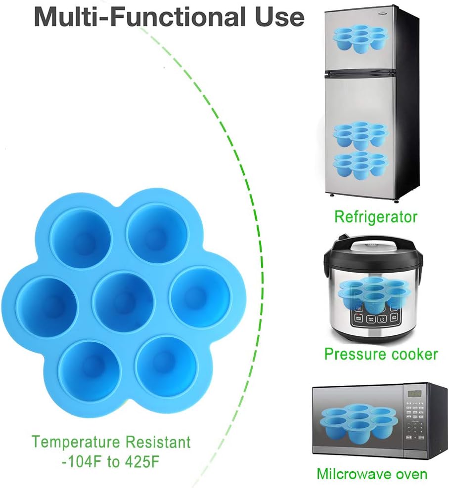 ROTTAY Silicone Egg Bites Molds and Steamer Rack Trivet with Heat Resistant Handles Fit Instant Pot Accessories, 7pcs set for 6qt 8qt Electric Pressure Cooker With 2 Spoons and Silicone spatula