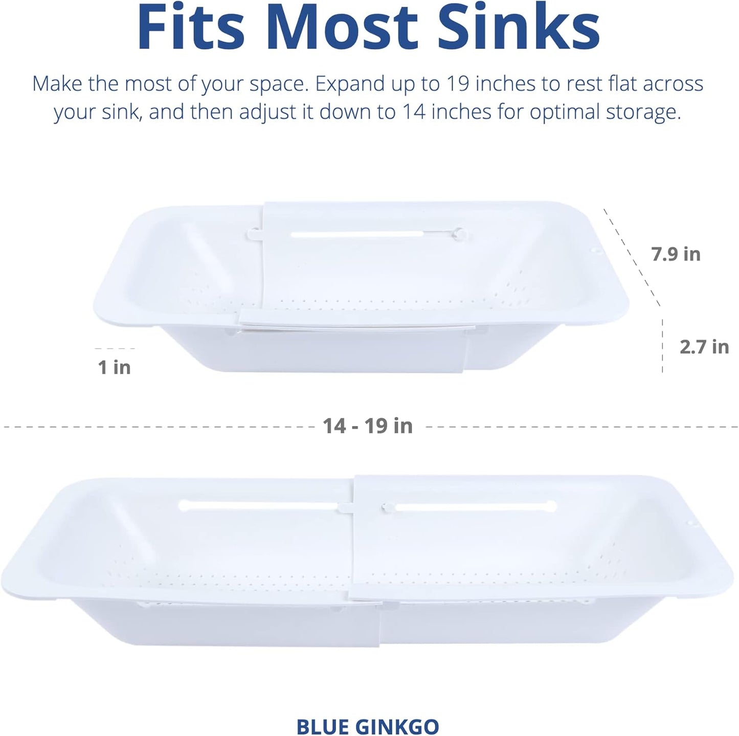 BLUE GINKGO Sink Colander Baskets - (Pack of 2) Wash Vegetables and Fruits, Drain Cooked Pasta and Dry Dishes - Extendable - New Home Kitchen Essentials (2 White)