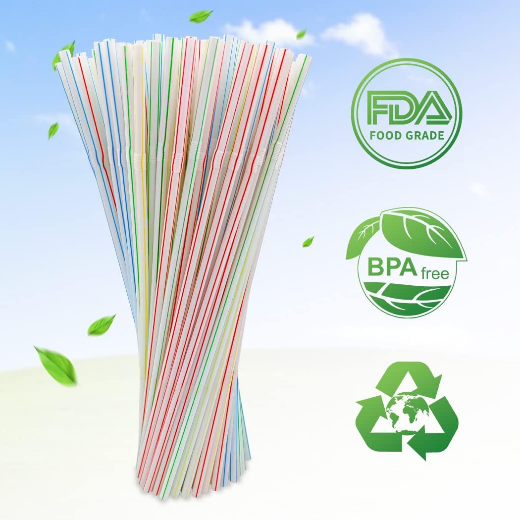 [Honest ECO ] 9.45inch Flexible Plastic Straws Extra Long Bendy Straws Prefer for Tall Glassees/Water Tumbler/Bottled Drinks/All Hot or Cold Low Viscosity Drinks (Stripe)