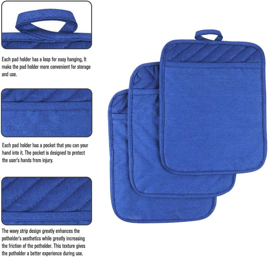 Anyi Blue Pot Holders with Pocket - Heat Resistant Cotton Hot Pads for Counter and Table