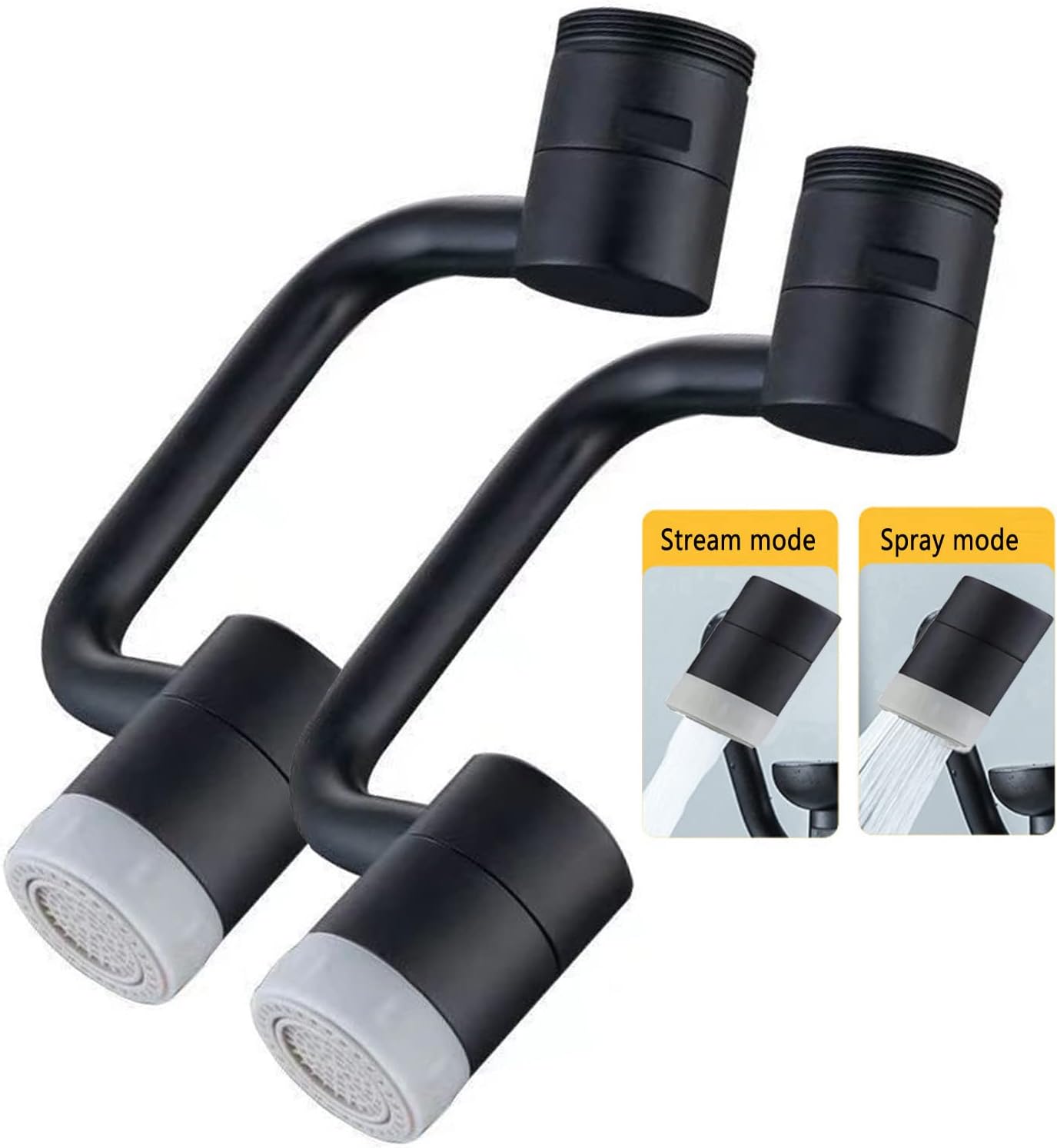 LikeHome 2 Packs Matte Black Rotating Faucet Extender Aerator, Solid Brass, Chrome Finish, Dual-Function 2-Flow Sprayer, 1080 Swivel, Easy to Install, WaterSense, NSF 61