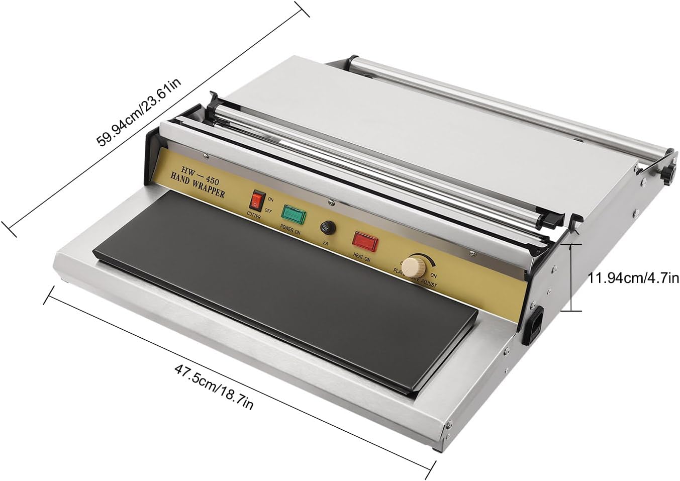 18 Inch/45CM Hand Wrapping Machine Film Wrapper for Food Packaging, Large Tray Cling Film Wrapper Dispenser with 5-Level Adjustable Heat, Cutter and Heating Plate Individual On/Off Control