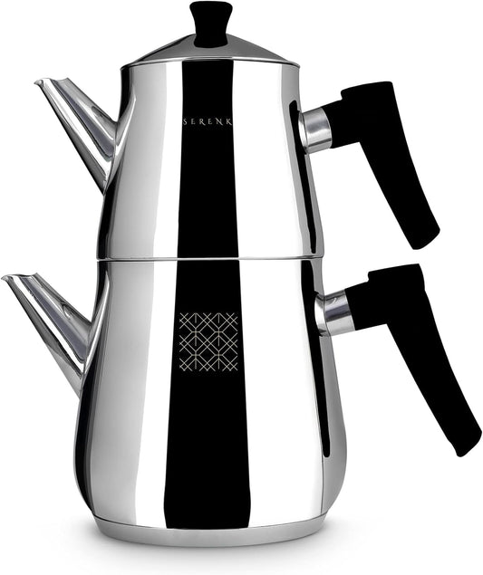 Serenk Stainless Steel Turkish Teapot Set, Double Kettle Set with Non-Slip Bakelite Handles, 101 Oz Black