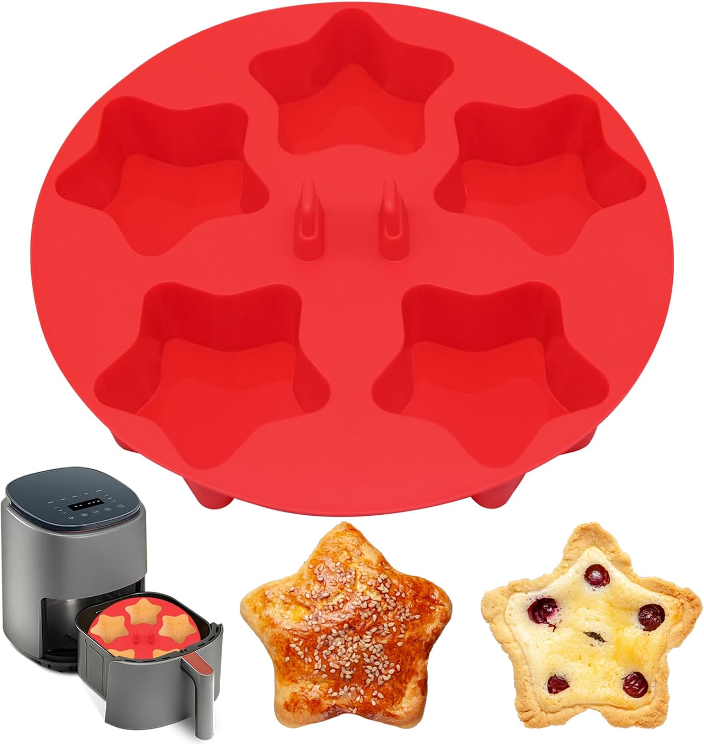 Silicone Air Fryer Muffin Pan for Baking with Star Shape 1Pcs, Non Stick Silicone Cupcake Pans 5 Cups Egg Bites Mold, Muffin Tins for Oven Instant Pot Toaster Dishwasher