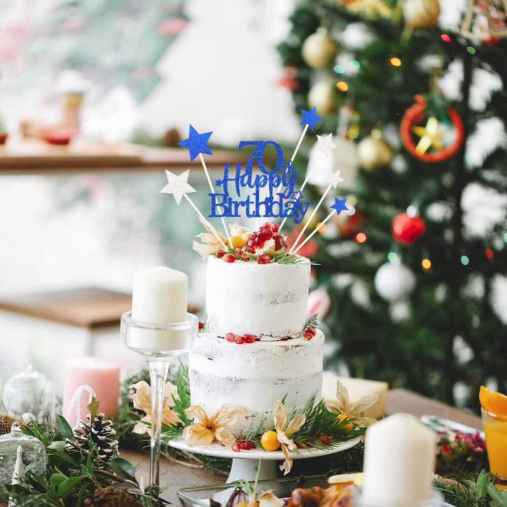 Glittery 70th Happy Birthday Cake Topper with Star,Personalised 70 Birthday Cake Toppers Party Decorations Party Supplies for Men Women Blue