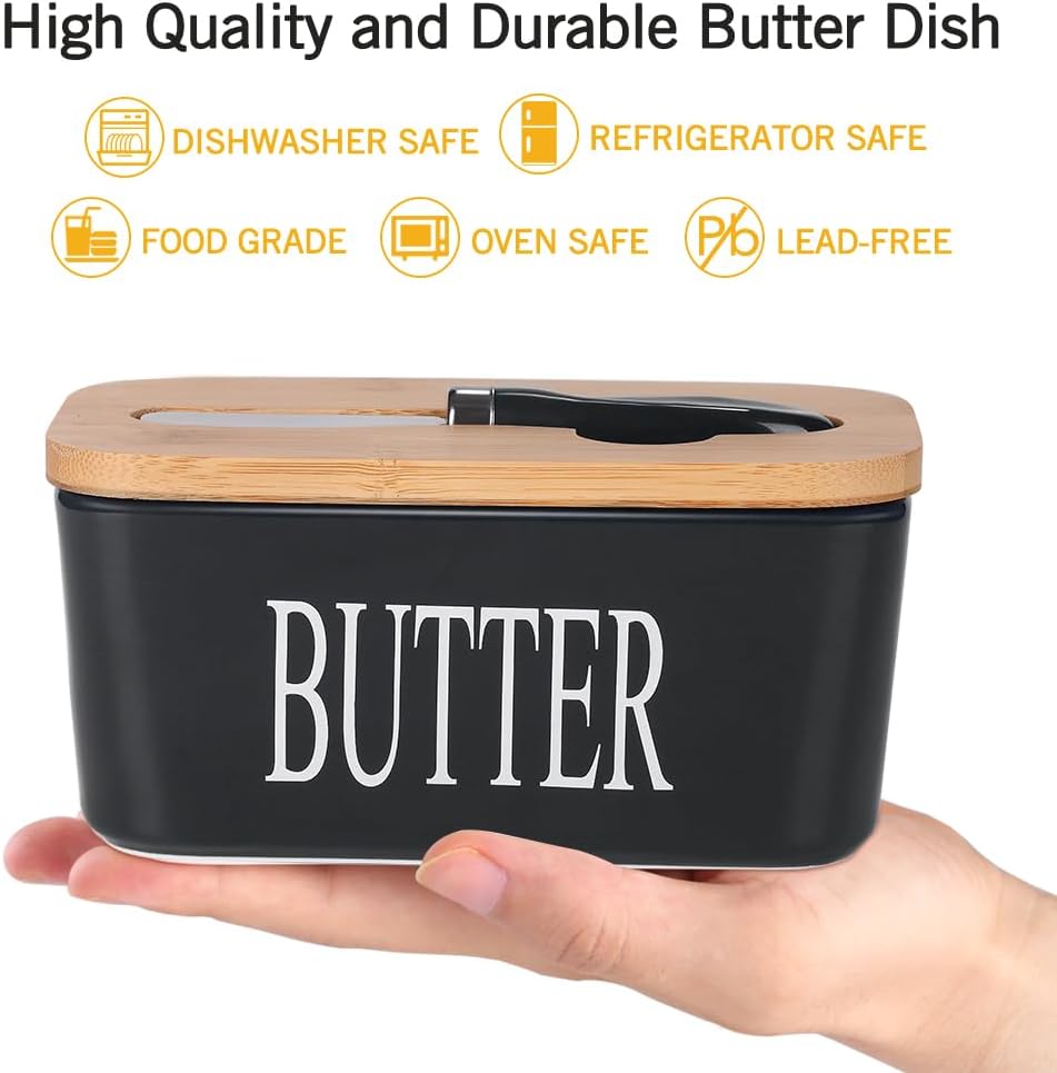 Ceramic Butter Dish with Wooden Lid, Large Butters Container Keeper Storage with Stainless Steel Knife Spreader, Bamboo Cover and Silicone Sealing Ring for West East Coast, Black