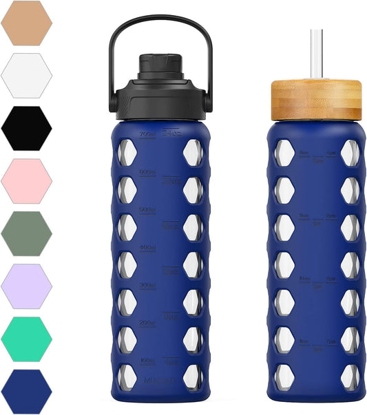 MUKOKO 24oz Glass Water Bottle with 2 Lids-Handle Flip Lid&Bamboo Straw Lid,Motivational Water Tumbler with Time Marker Reminder and Silicone Sleeve, Leakproof-Blue