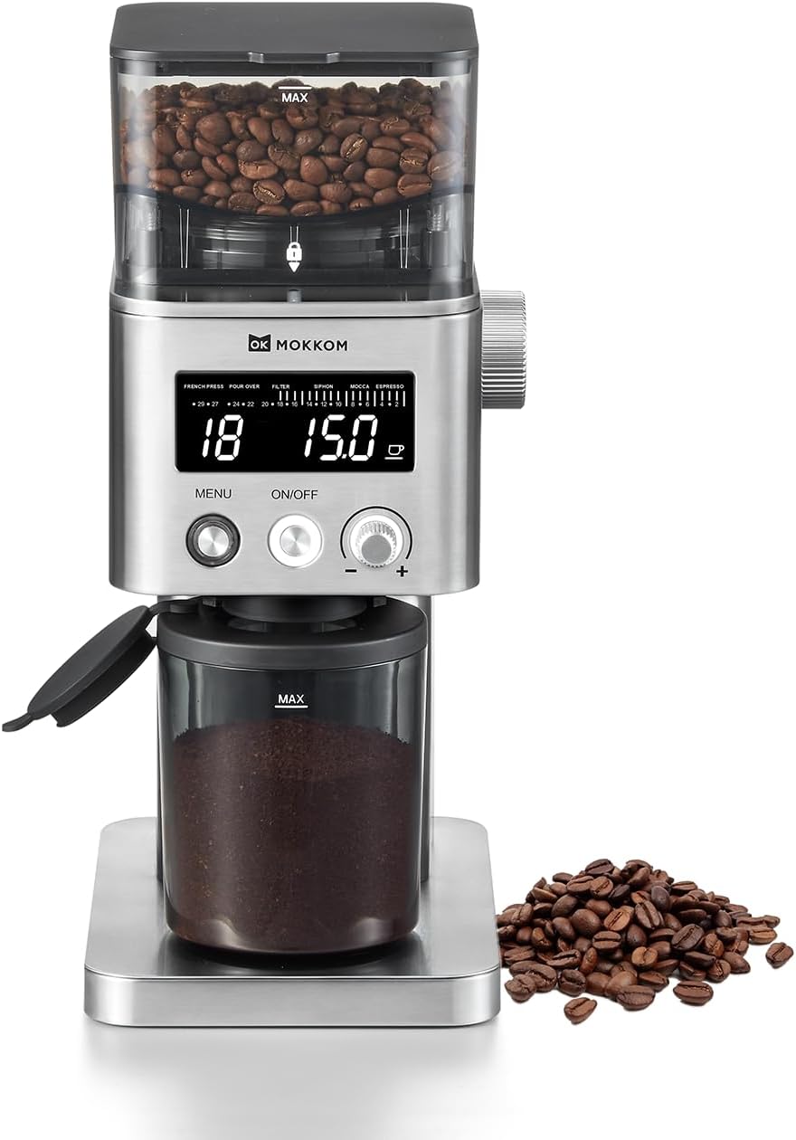 MOKKOM Coffee Grinder with 31 Precise Settings, Anti-Static, Quiet Conical Burr Coffee Bean Grinder for Home Use, Stainless Steel, 30 Seconds Timer & 1-8 Cup, LCD Display, Easy to Clean