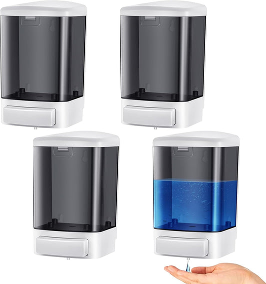 Hushee 4 Pcs Plastic Wall Mounted Soap Dispenser Commercial Manual Soap Containers Wall Dispenser for Kitchen Shower Hotel Liquid Shampoo Gel Chamber(33.8 oz 1000 ml,Black)