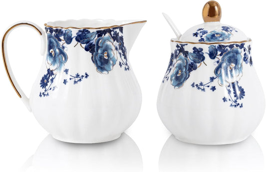 Ceramic Sugar and Creamer Set, 3 Piece with Cream Pitcher, Sugar Bowl with Lid and Spoon,Coffee and Tea Serving Set (White with blue flower)
