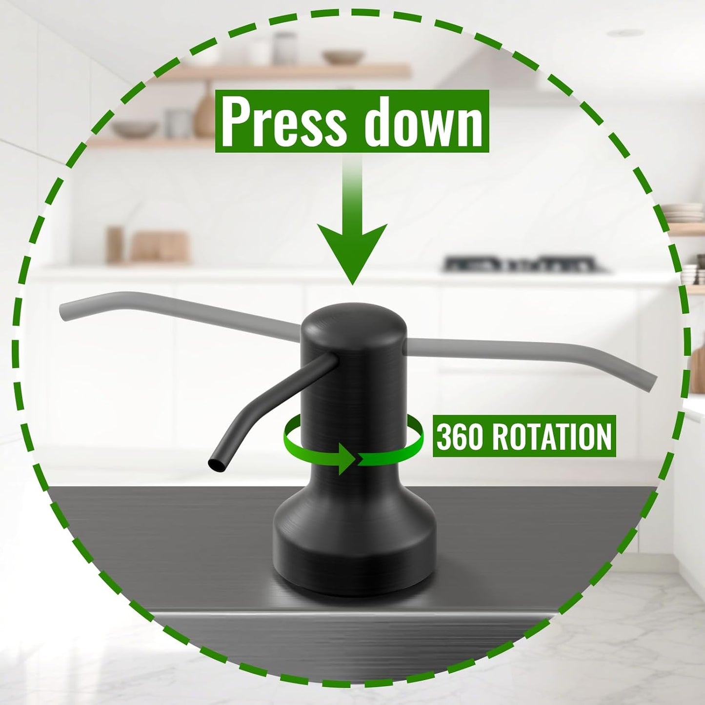 Soap Dispenser for Kitchen Sink, Kitchen Sink Soap Dispenser with 17 OZ Bottle, Refill from The Top Bar, Longer Threaded Shaft Shank, Wide Pump Head Base (Black)