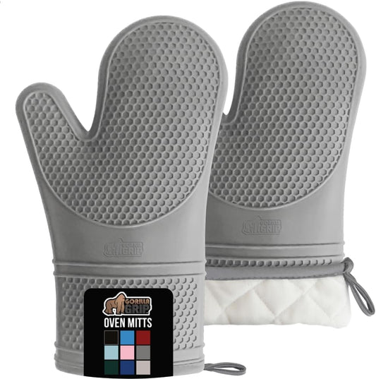 GORILLA GRIP BPA-Free Soft Silicone Oven Mitts, Heat Resistant and Waterproof Cooking Gloves, Thick Cotton Lining, Flexible Gripping for Baking Grilling, Kitchen Potholders Set of 2, 12.5x8.3, Gray