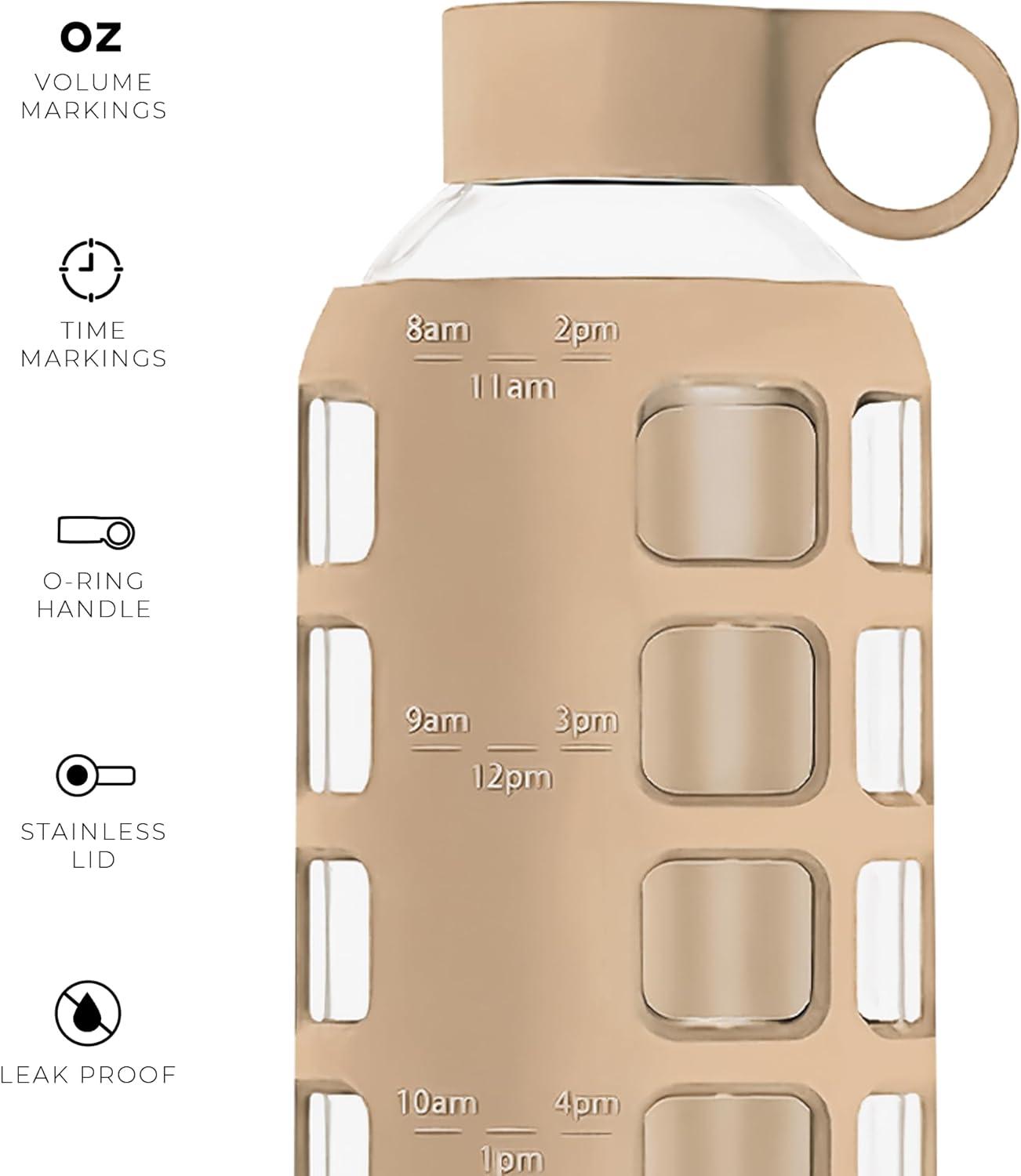 purifyou 40oz / 32oz / 22oz / 12oz Borosilicate Glass Water Bottle with Time & Volume Markers, Silicone Sleeve, Stainless Steel Lid – Reusable Glass Bottle for Water & Juice (22oz Iced Coffee)