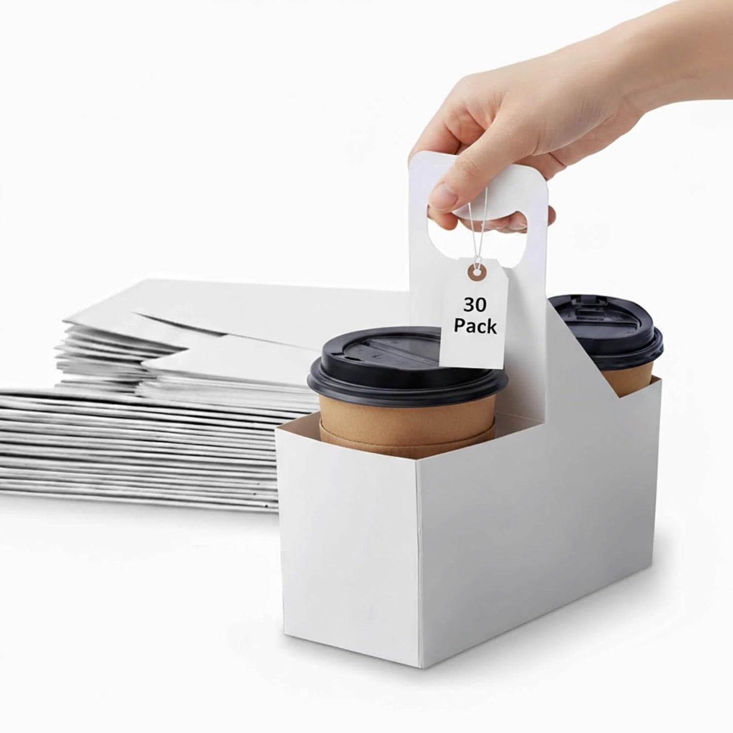 Kraft Paperboard 2-Cup Drink Carrier with Handle, 12-32 oz Coffee Cup Holder, Takeout Beverage Delivery, 30-Pack(Without Cups)