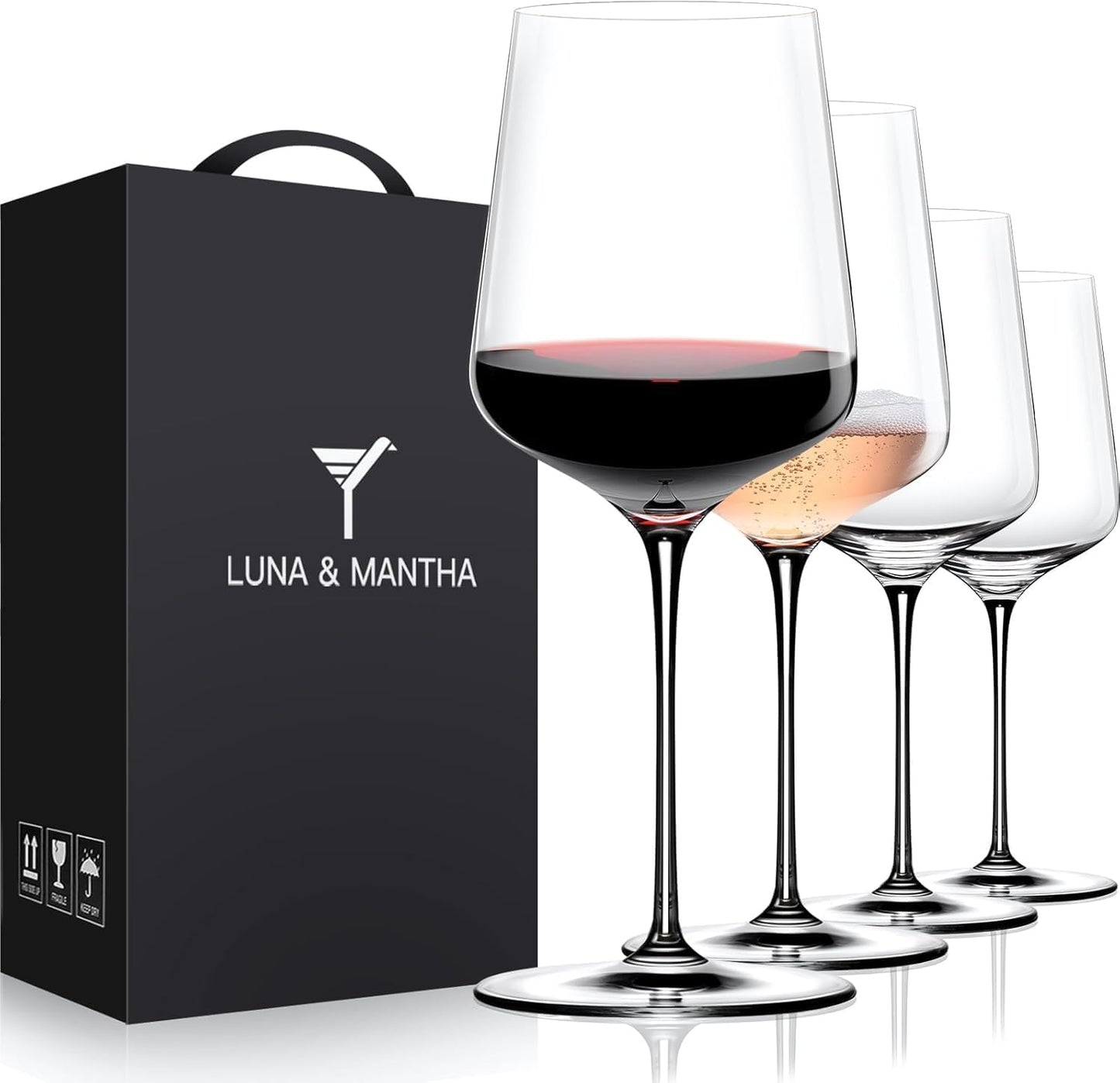 LUNA & MANTHA Wine Glasses Set of 4, 15 oz Hand Blown Crystal Red White Wine Glasses with Stem, Ideal Gift for Set, Toasting at Weddings or Birthdays