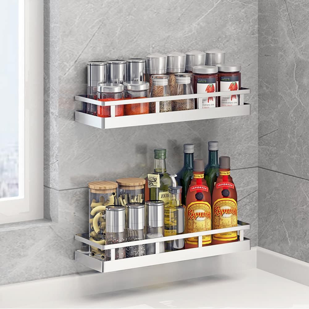 Spice Rack Organizer, SUS304 Stainless steel Wall Mount Spice Rack Storage Basket - Seasoning Container, Kitchen Spice Organizer -Kitchen Seasoning Hanging Rack - Bathroom Shelf (Silver)
