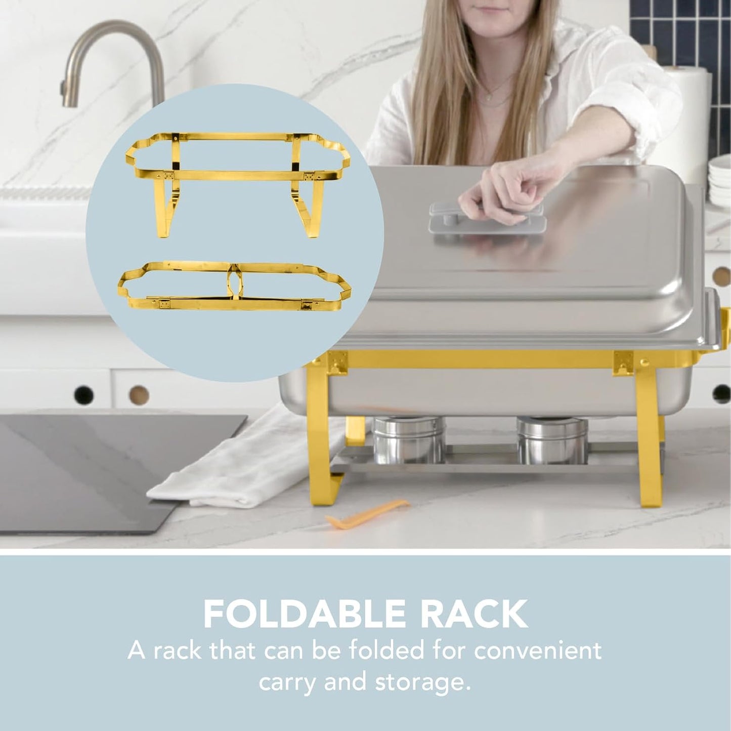 4 Pack 8QT Chafing Dish Full Set – Stainless Steel Catering Chafer with Lids, Pans & Fuel Holders – Buffet Food Warmers for Parties, Events & Weddings – Gold Frame