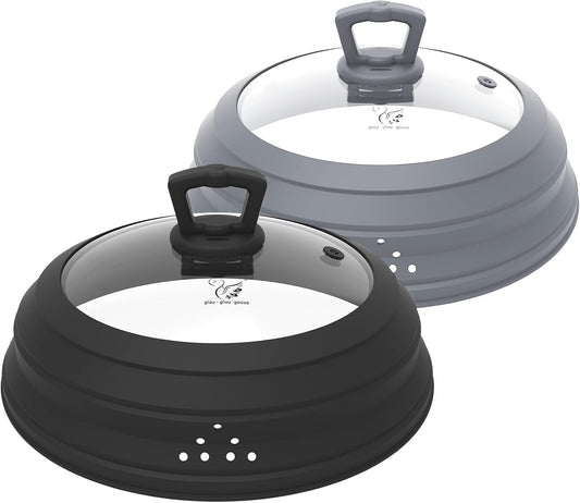 Microwave Splatter Cover Vented Glass Splatter Guard Lid with Collapsible Silicone for Food as Pot Covers 11.8 inch Large 2 Pack