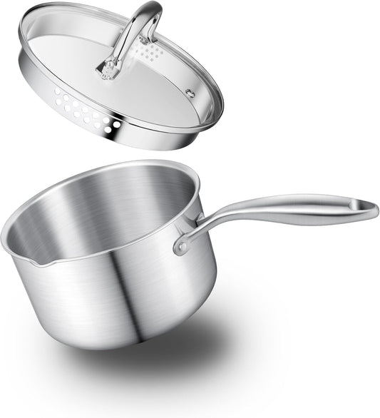 Leetaltree 2.5 Quart Stainless Steel Saucepan with Glass Strainer Lid, Thicken Tri-ply Ful Body, Multipurpose Sauce Pot with Two-Size Drainage Holes Lid, Perfect For Boiling Gravies, Pasta, Noodles