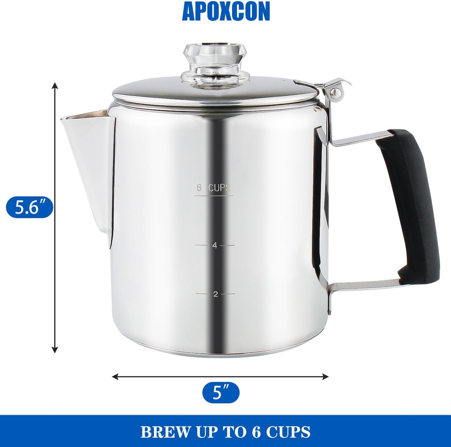 Multi Use Percolator Coffee Pot Stainless Steel Stove Top Coffee Maker with Two Tough Borosilicate Glass Knob Silica Handle Camping Coffee Pot Using on Campfire Stove & Induction Cooker Silver 6 Cup