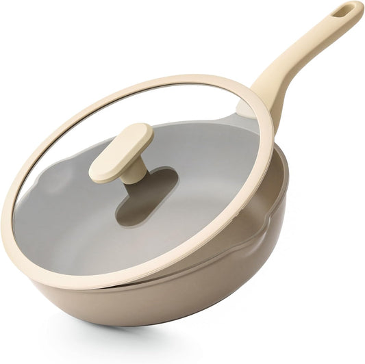 Nonstick Deep Frying Pan with Glass Lid, 10 Inch (3.2 qt), 5X Durable Nonstick Sauté Pan, Scratch & Stain Resistant, PFOA Free, Induction Compatible, Dishwasher & Oven Safe, Natural Linen