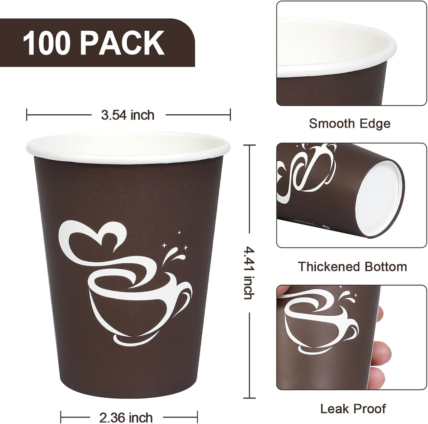 100 Count 12 oz Paper Coffee Cups, Disposable Drinking Cup for Hot or Cold Beverage, 12 ounce Brown Coffee Cups for Party, Business, Travel, Picnic