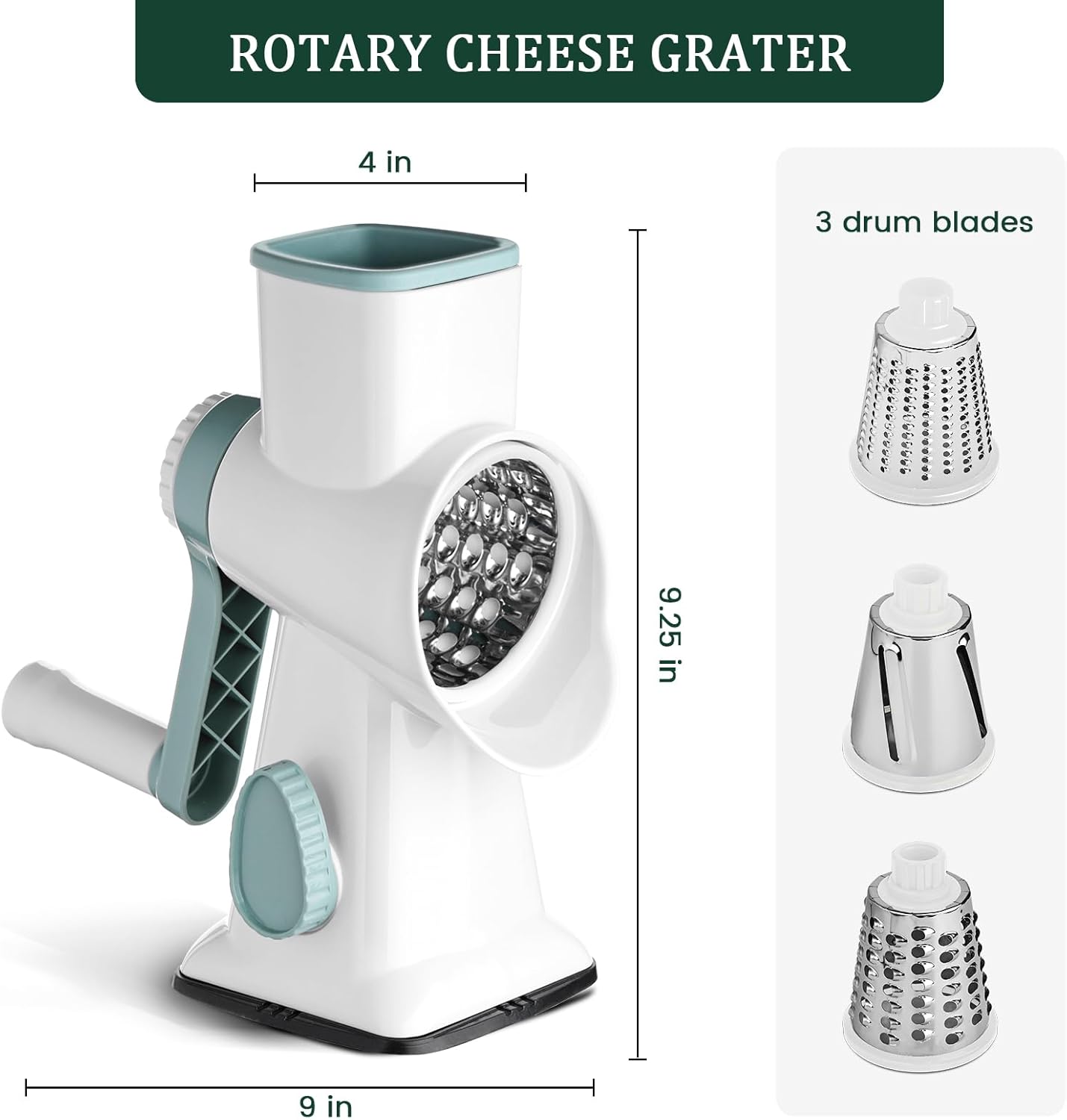 HANSGO Rotary Cheese Grater, Hand Crank Cheese Shredder, Vegetable Slicer for Kitchen, Non-slip Suction Base and 3 Interchangeable Blades for Potatoes Zucchini Nuts Chocolate Fruits, WhiteBlue
