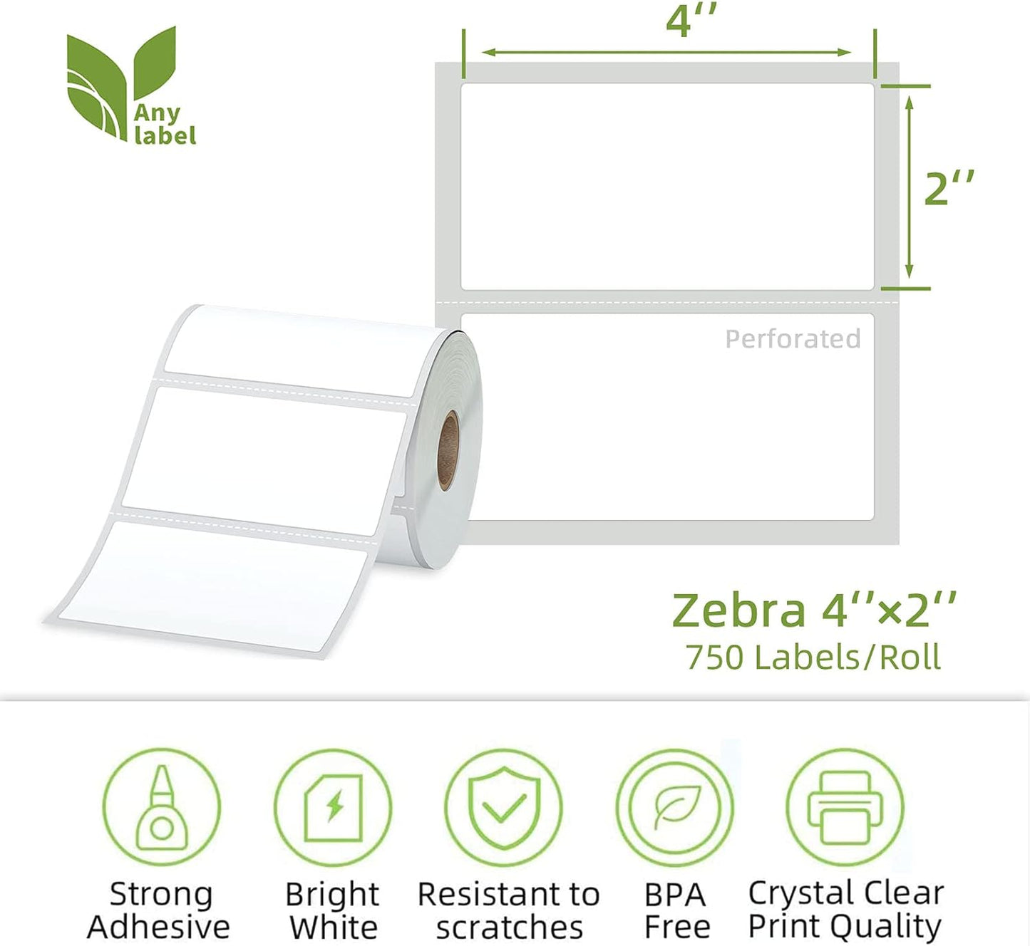 Compatible 4" x 2" Direct Thermal Labels Replacement for Barcodes Postage Address Shipping Compatible with Rollo & Zebra Desktop Printers Adhesive & Perforated (12 Rolls, 750 Labels/Roll)