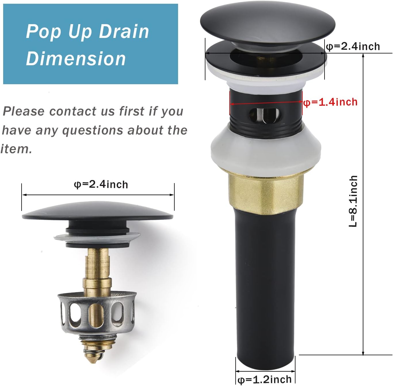 Bathroom Sink Drain,2 Pack Drain Stopper Bathroom Sink with Overflow,Pop Up Drain Assembly with Detachable Strainer Basket,Built-in Anti-Clogging Strainer,Stainless Steel Mattle Black